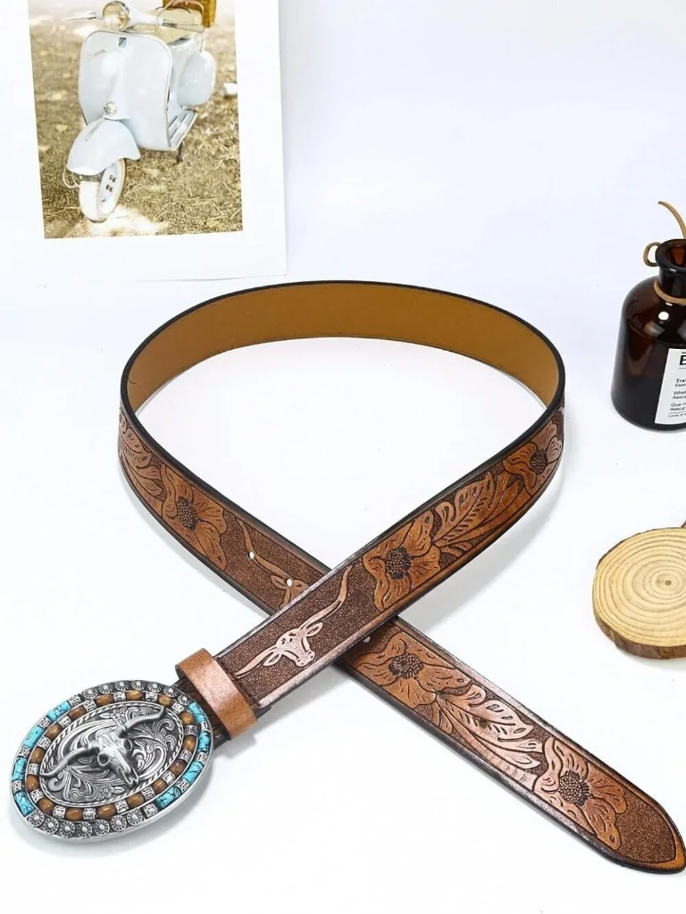 Women's Brown Western Pu Leather Longhorn Bull Turquoise Embossed Buckle Belt